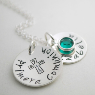 Primera Comunion Necklace - First Communion Hand Stamped Necklace with Custom Sterling Silver Initial - Communion Jewelry for Her