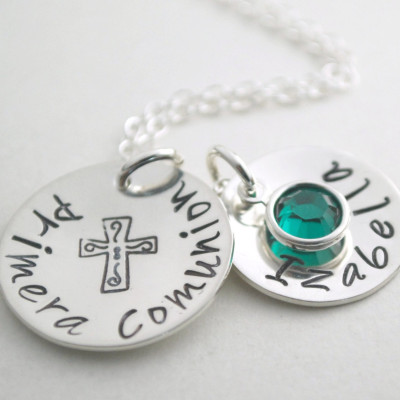 Primera Comunion Necklace - First Communion Hand Stamped Necklace with Custom Sterling Silver Initial - Communion Jewelry for Her