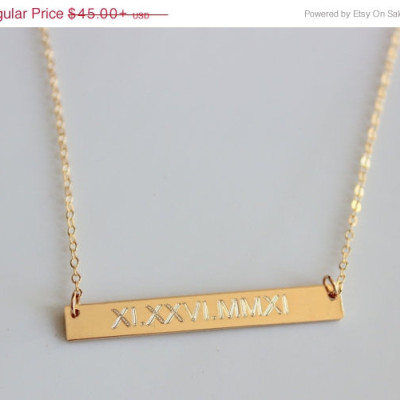ROMAN NUMERAL WEDDING Date Sterling Silver Custom Personalized Gold bar necklace Nameplate Engraved Horizontal Monogram name necklace
