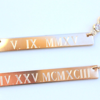 ROMAN NUMERAL WEDDING Date Sterling Silver Custom Personalized Gold bar necklace Nameplate Engraved Horizontal Monogram name necklace