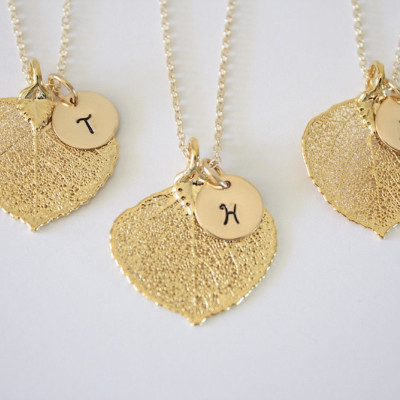 Real Aspen Necklace, Leaf Necklace Personalized, Gold Leaf, Gold Initial Charm, Small Leaf, Monogram Necklace, Initial Jewelry, Christmas
