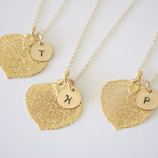 Real Aspen Necklace, Leaf Necklace Personalized, Gold Leaf, Gold Initial Charm, Small Leaf, Monogram Necklace, Initial Jewelry, Christmas
