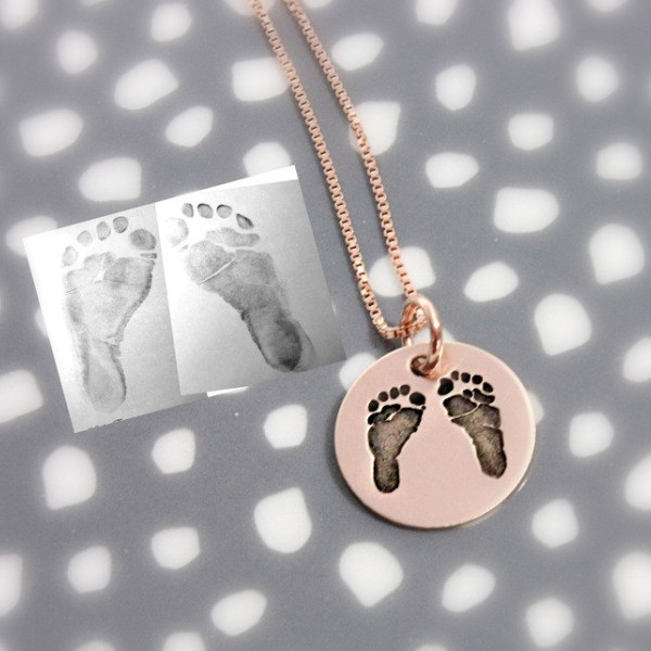 Rose Gold Actual Footprints Necklace - New Mom Necklace - Pink Gold - Remembrance Memorial Necklace - Silver, Rose Gold, Yellow Gold