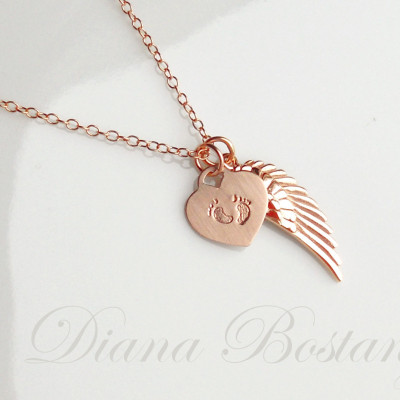Rose Gold Memorial Necklace, Tiny feet Necklace, Angel Wing Charm, Child loss jewelry, Keepsake Jewelry, Mothers, Gift