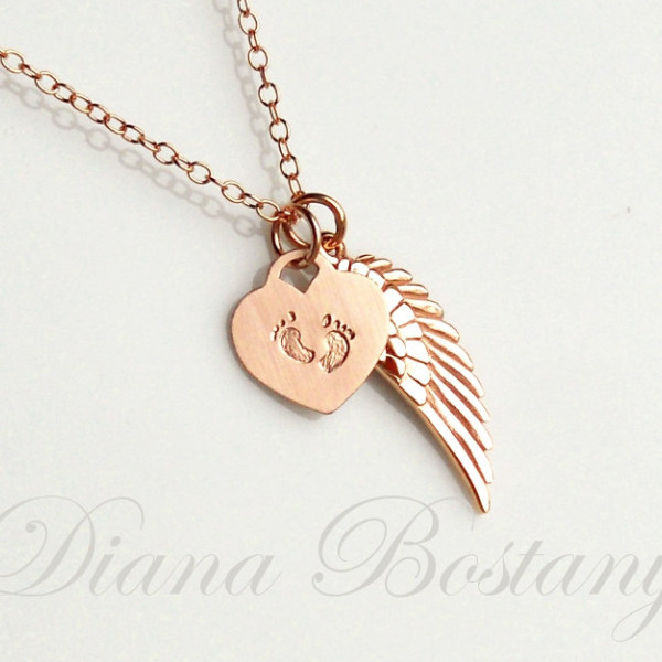 Rose Gold Memorial Necklace, Tiny feet Necklace, Angel Wing Charm, Child loss jewelry, Keepsake Jewelry, Mothers, Gift