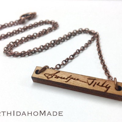 SET OF 2 - Handwriting Wood Necklaces - Handwritten Wooden Bar Drop Necklace with Copper Tone Chain - Memorial Jewelry - Mothers Day Gift