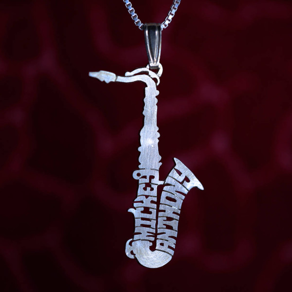 Unique Saxophone Necklace Pendant in Sterling Silver or 18k Gold – Personalized with Your Name