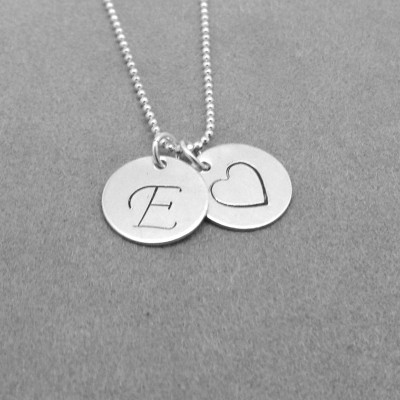 Script Initial Necklace, Heart Necklace, Letter E Necklace, Initial Jewelry, Heart, Charm Necklace, Sterling Silver Jewelry, All Letters