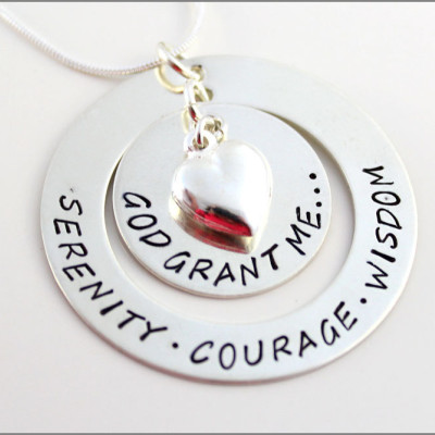 Serenity Prayer Necklace with Puffy Heart | Sterling Silver God Grant Me Serenity, Courage, Wisdom Hand Stamped Jewelry