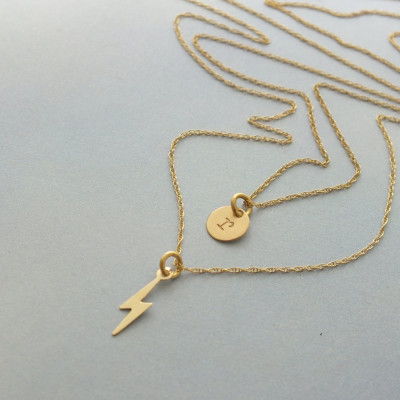 Set: 18k Solid Gold Layered Necklace Set, Lightening Bolt and 6mm Hand Stamped Initial Necklace, Solid 18k Necklace Set, Solid 18k Layer Set