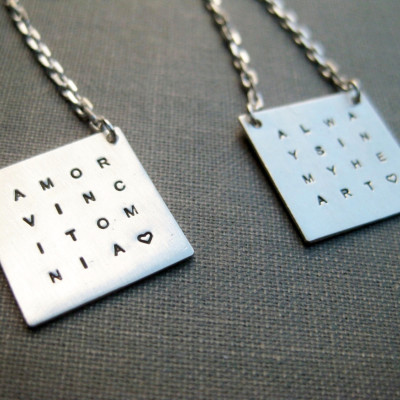 Set of 2 Personalized Grid Necklaces - Sterling, Stamped, Personalized, Mother, Family, Quote, Wisdom Necklace