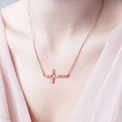 Sideway Cross Necklace – Cross Name Necklace - Personalized Cross - Sideway Name Necklace - Sideway Cross Name Necklace – Cross Jewelry