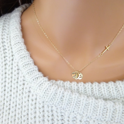 Sideways Cross Necklace, Initial disk necklace, Monogram Necklace, Baptism necklace, Christmas gift