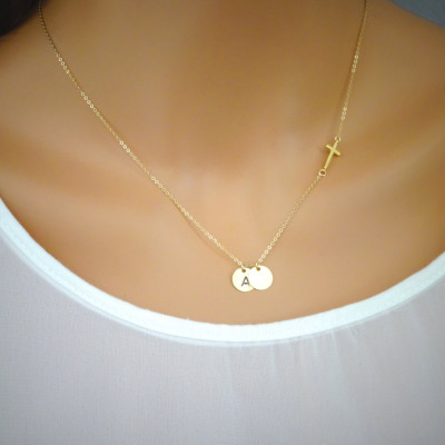 Sideways Cross Necklace, Initial disk necklace, Monogram Necklace, Baptism necklace, Christmas gift