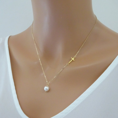 Sideways Cross Necklace with pearl, Baptism necklace, Bridesmaid Necklace, Gold Plated cross necklace