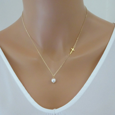 Sideways Cross Necklace with pearl, Baptism necklace, Bridesmaid Necklace, Gold Plated cross necklace