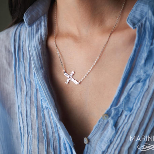 Sideways cross name necklace - Personalized necklace -