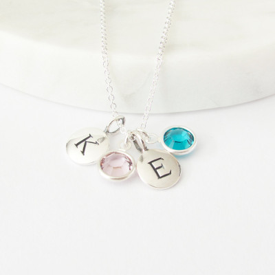Silver 2 Initial & 2 Birthstone Charm Necklace - Birthstone Necklace - Personalized Necklace - Initial Necklace