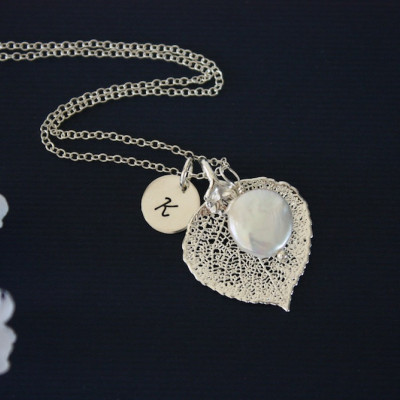 Silver Aspen Leaf Necklace Personalized, Silver Leaf, Silver Initial Charm, Silver Necklace, Monogram, Bridesmaid Gift, Aspen, Pearl