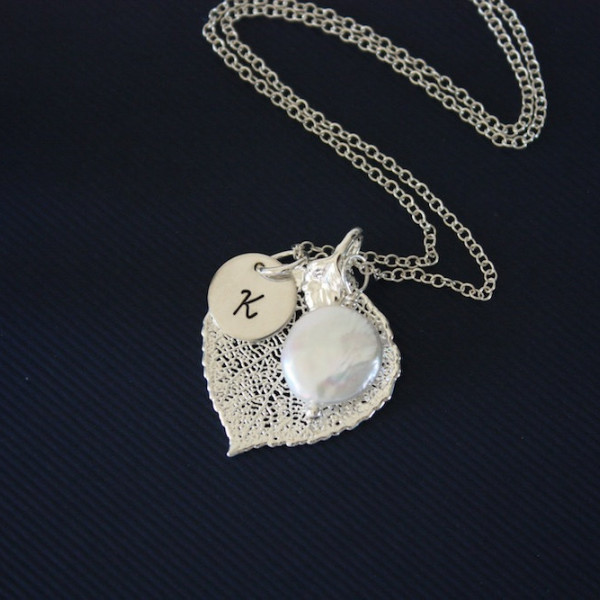 Silver Aspen Leaf Necklace Personalized, Silver Leaf, Silver Initial Charm, Silver Necklace, Monogram, Bridesmaid Gift, Aspen, Pearl