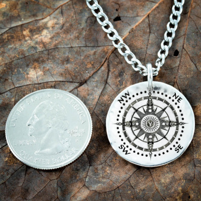 Silver Compass Initial necklace, Your personal initial etched in the middle