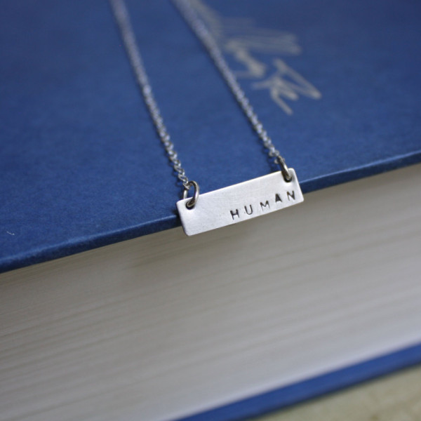 Silver Human Necklace - Stamped Bar Necklace - Silver Pendant Necklace - Sterling Silver Jewelry - Lightweight Everyday Jewellery