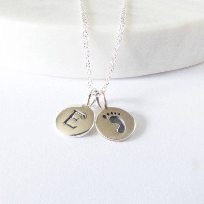 Silver Initial & Baby Foot Print Necklace - Personalized