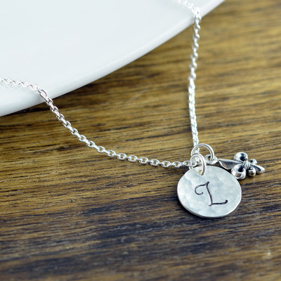 Silver Initial Necklace - Hand Stamped Necklace - Fleur de Lis Necklace - Initial Jewelry - Initial Necklace - Hand Stamped Initial