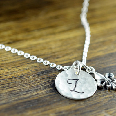 Silver Initial Necklace - Hand Stamped Necklace - Fleur de Lis Necklace - Initial Jewelry - Initial Necklace - Hand Stamped Initial
