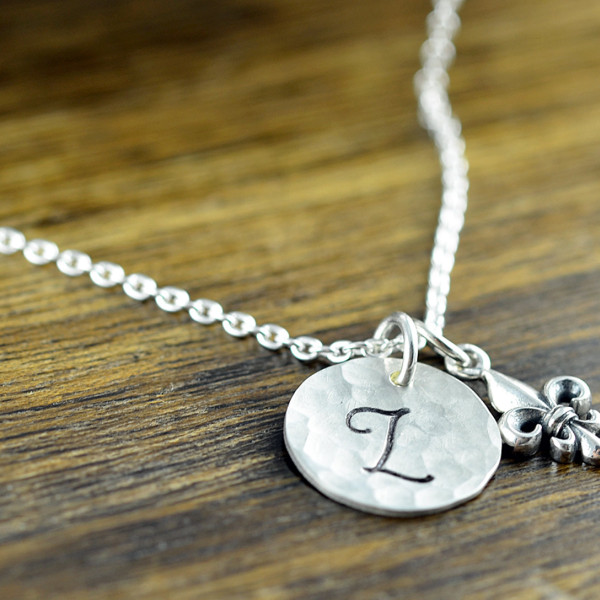 Silver Initial Necklace - Hand Stamped Necklace - Fleur de Lis Necklace - Initial Jewelry - Initial Necklace - Hand Stamped Initial