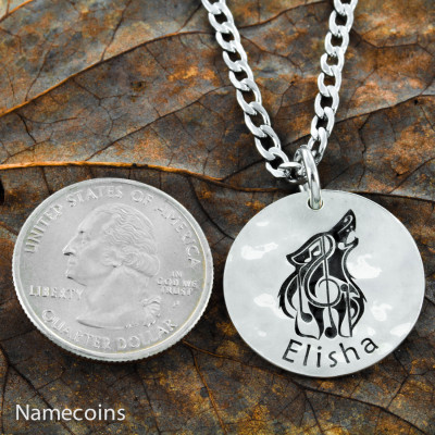 Silver Wolf Music Note Necklace with your custom name engraved, Hammered Silver Disk, 19 mm