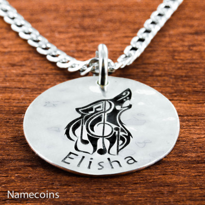 Silver Wolf Music Note Necklace with your custom name engraved, Hammered Silver Disk, 19 mm