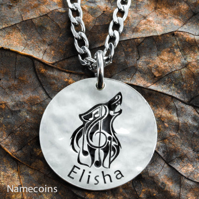 Silver Wolf Music Note Necklace with your custom name engraved, Hammered Silver Disk, 19 mm