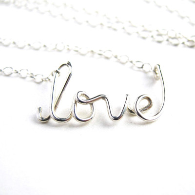 Silver love Necklace. Sterling Silver Love Necklace. Lowercase love wire necklace