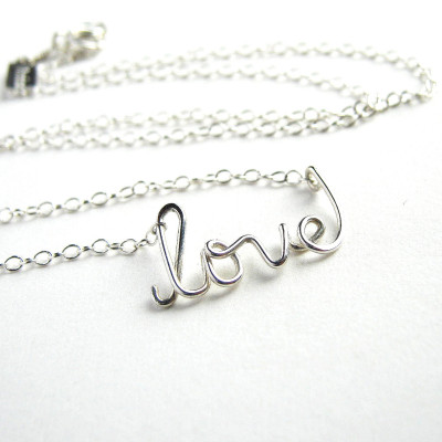 Silver love Necklace. Sterling Silver Love Necklace. Lowercase love wire necklace