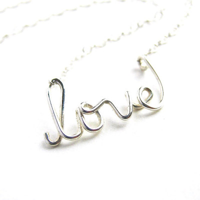 Silver love Necklace. Sterling Silver Love Necklace. Lowercase love wire necklace