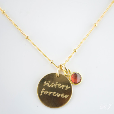 Sister necklace with birthstone, engraved disc necklace, gold necklace, sterling silver disk, christmas gift for sister, engraved