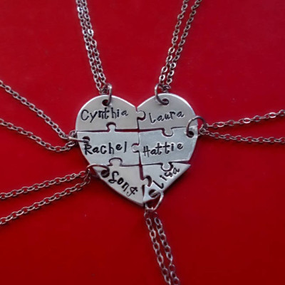 Six Heart puzzle piece necklace, 6 piece puzzle set, 6 Best Friends puzzle necklace set, Hand Stamped Names Necklace, Bridesmaid Jewelry