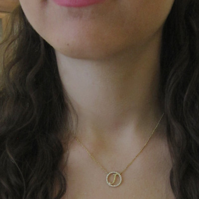 Small 18k Gold Initial with Diamond Outline Necklace