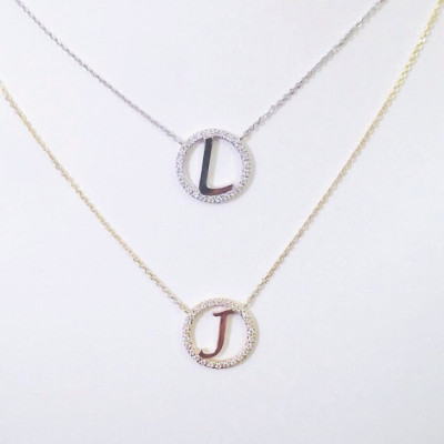 Small 18k Gold Initial with Diamond Outline Necklace