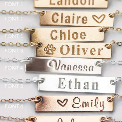 Small Name Necklace, Gold Bar Necklace, Custom Names, Initials, Dates, Sterling Silver, Gold Plated, Rose Gold Plated