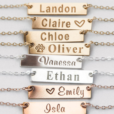 Small Name Necklace, Gold Bar Necklace, Custom Names, Initials, Dates, Sterling Silver, Gold Plated, Rose Gold Plated