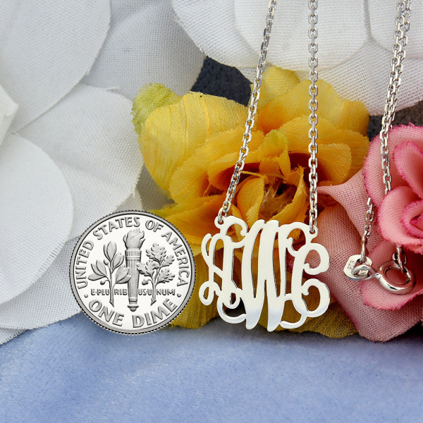 Small Sterling Silver 3 Initials Monogram Necklace 3/4 inch wide SM30C