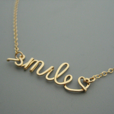 Smile Necklace with A Tiny Heart - cursive word on 18k Gold Plated delicate chain, inspirational jewelry, encouragement gift
