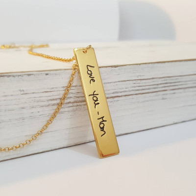 Solid 18k yellow gold handwriting bar necklace - Custom made actual handwriting jewelry - Gift for her