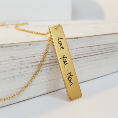 Solid 18k yellow gold handwriting bar necklace - Custom made actual handwriting jewelry - Gift for her
