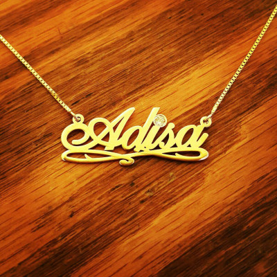 Solid 18k Yellow Gold with a Diamond Name Necklace / Real 14 Carat Gold with genuine 2 pt Diamond Name Pendant / Order Any Name! Pure Gold