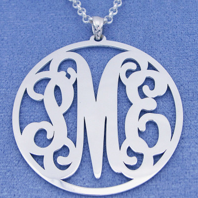 Sterling Silver 3 Initials Circle Monogram Pendant Necklace Jewelry 1 1/2 inch SM44