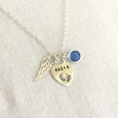 Sterling Silver Angel Wing Necklace, Personalized Angel Wing, Infant Loss Necklace, Memorial Necklace, Baby Feet Necklace, Baby Loss