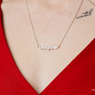 Sterling Silver Imagine Necklace Handwritten Necklace Inspirational Jewelry Word Necklace Imagine Pendant